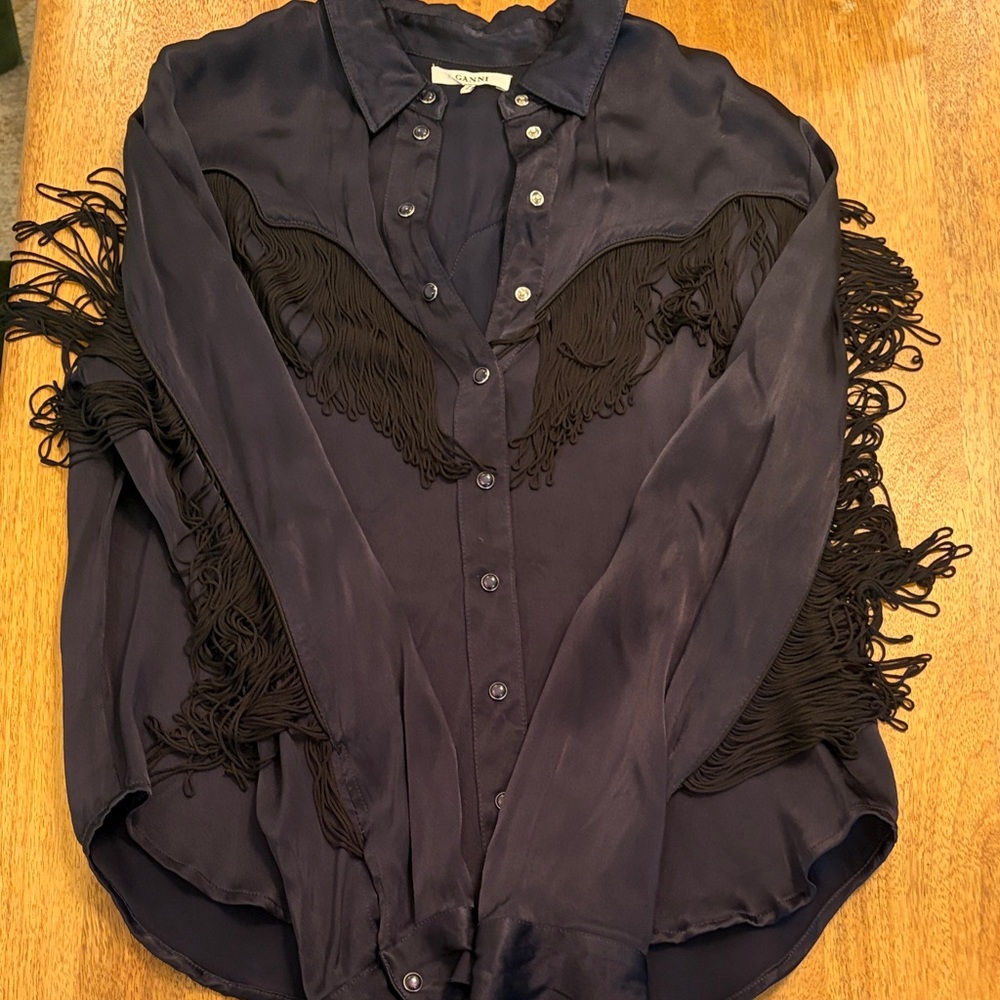 Ganni navy Fringe Button-Up Top